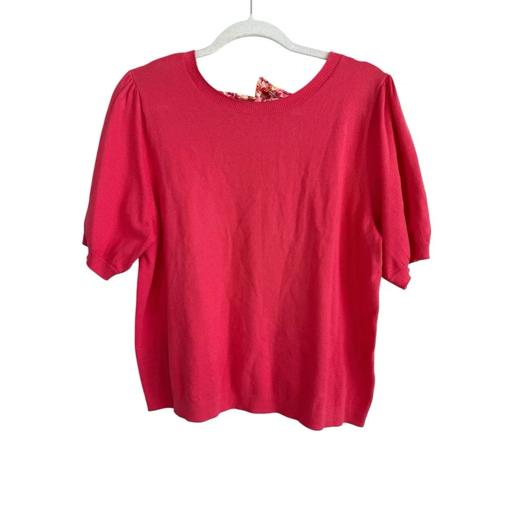 J.Crew Women's Size Large Orange‎ Pink Back Floral Bow Tie Short Puff Sleeve Top